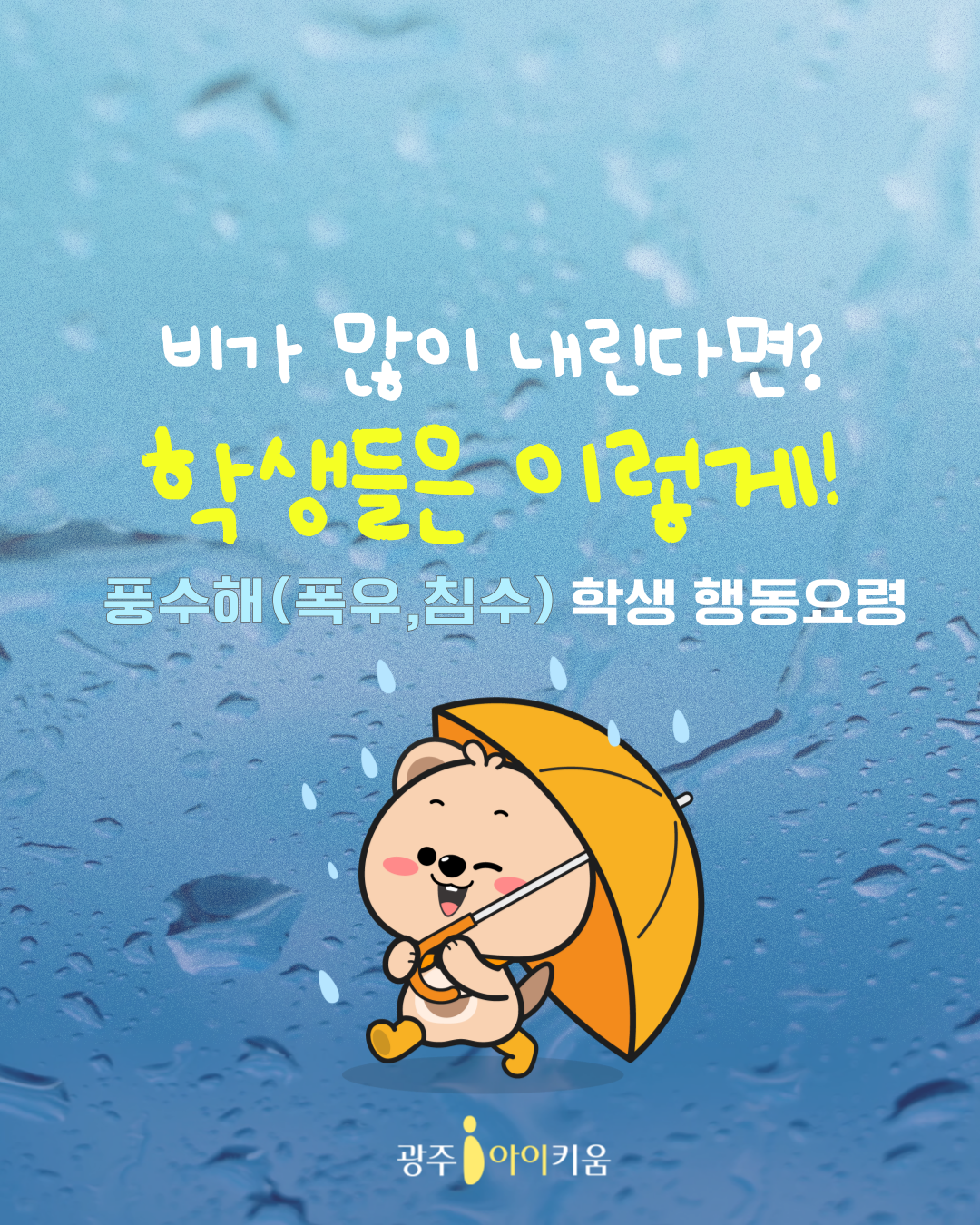 비가 많이 내린다면? 학생들은 이렇게! 풍수해(폭우·침수) 학생 행동요령