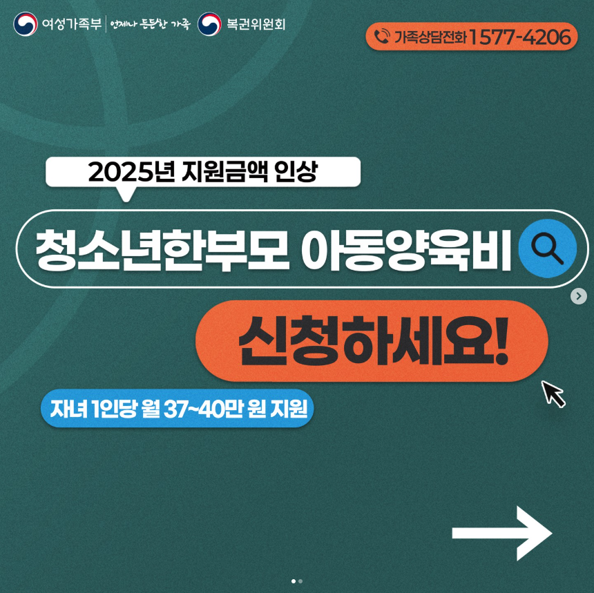 2025년 청소년한부모 아동양육비 지원금액 인상