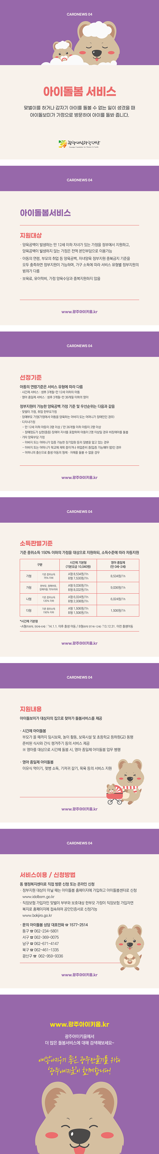 cardnews04 아이돌봄 서비스 맞벌이를 하거나 갑자기 아이를 돌볼 수 없는 일이 생겼을때 아이돌보미가 가정으로 방문하여 아이를 돌봐줍니다 광주여성가족재단
cardnews04 아이돌봄서비스 지원대상 양육공백이 발생하는 만 12세 이하 자녀가 있는 가정을 정부에서 지원하고 양육공백이 발생하지 않는 가정은 전액 본인부담으로 이용가능 아동의연령 부모의 취업등 양육공백 자녀양육 정부지원 중복금지 기준을 모두 충족하면 정부지원이 가능하며 가구 소득에 따라 서비스 유형별 정부지원의 범위가 다름 보육료 유아학비 가정 양육수당과 중복지원하지 않음 www.광주아이키움.kr 
cardnews04 선정기준 아동의 연령기준은 서비스 유형에 따라 다름 시간제 서비스 생후 3개월~만12세이하의 아동 영아 종일제 서비스 생후3개월~만36개월이하의 영아 정부지원이 가능한 양육공백 가정 기준 및 우선순위는 다음과 같음 맞벌이 가정 취업 한부모가정 장애부모 가정 가정에서 아동을 양육하는 아버지 또는 어머니가 장애인인경우 다자녀가정 만12세이하 아동이 3명이상 만 36개월 이하 아동이 2명이상 장애정도가 심한 중증 장애아 자녀를 포함하여 아동이 2명 이상일 경우 비장애아를 돌봄 기타 양육 부담 가정 아버지 또는 어머니가 입증 가능한 장기입원 등의 질병을 앓고 있는 경우 아버지 또는 어머니가 학교에 재학 중이거나 취업준비 중 입증가능해야 함 인 경우 어머니의 출산으로 출생 아동의 형제 자매를 돌볼 수 없을 경우 www.광주아이키움.kr
cardnews04 소득판별기준 기준 중위소득150% 이하의 가정을 대상으로 지원하되 소득수준에 따라 차등지원 구분 가형 기준 중위소득 75% 이하 시간제 기본형 기본요금10,040원 a형 8,534원/1h b형 7,530원/1h 영아 종일제 만 0세~2세 8,534원/1h 구분 가형 한부모 장애부모 장애아동 75% 이하 시간제 기본형 기본요금10,040원 a형 9,036원/1h b형 8,032원/1h 영아 종일제 만 0세~2세 9,036원/1h 구분 나형 기준 중위소득 120% 이하 시간제 기본형 기본요금10,040원 a형 6,024원/1h b형 2,008원/1h 영아 종일제 만 0세~2세 6,024원/1h 구분 다형 기준 중위소득 150% 이하 시간제 기본형 기본요금10,040원 a형 1,506원/1h b형 1,506원/1h 영아 종일제 만 0세~2세 1,506원/1h 시간제 기본형 a형 미취학 만0세~6세 14.1.1이후 출생 아동 b형 취학 만 7세~12세 13.12.31 이전 출생아동 www.광주아이키움.kr 
cardnews04 지원내용 아이돌보미가 대상자의 집으로 찾아가 돌봄서비스를 제공 시간제 아이돌봄 부모가 올때 까지 임시보육 놀이 활동 보육시설 및 초등학교 등하원교 동행 준비된 식사와 간식 챙겨주기 등의 서비스 제공 영아를 대상으로 시간제 돌봄 시 영아 종일제 아이돌봄 업무 병행 영아 종일제 아이돌봄 이유식 먹이기 젖병 소독 기저귀 갈기 목욕 등의 서비스 지원 www.광주아이키움.kr 
cardnews04 서비스이용 및 신청방법 동 행정복지센터로 직접 방문 신청 또는 온라인 신청 정부지원 대상이 아닐 때는 아이돌봄 홈페이지에 가입하고 아이돌봄 센터로 신청 www.idolbom.go.kr 직장보험 가입자인 맞벌이 부부와 보호대상 한부모 가정이 직장보험 가입자면 복지로 홈페이지에 점속하여 공인인증서로 신청가능 www.bokjiro.go.kr 문의 아이돌봄 상담 대표전화 1577-2514 동구 062-234-5801 서구 062-369-0075 남구 062-671-4147 북구 062-461-1335 광산구 062-959-9336 www.광주아이키움.kr 
www.광주아이키움.kr 광주아이키움에서 더 많은 돌봄서비스에 대해 검색해보세요 아이낳아키우기좋은 광주만들기를 위해 광주아이키움이 함께합니다